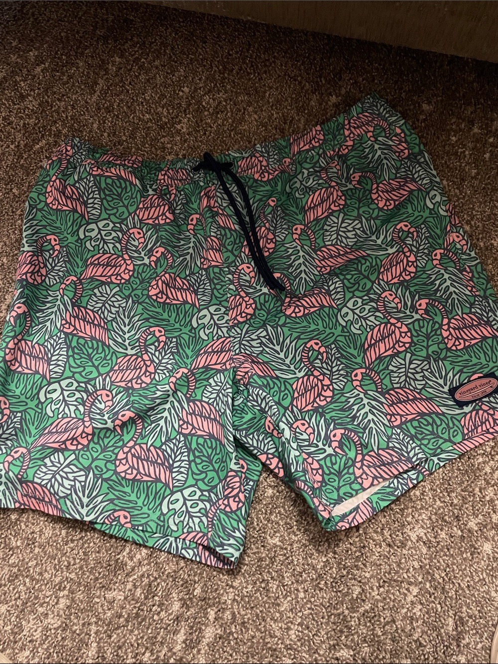 Southern Marsh Pink Flamingo Print Swim Trunks on Green